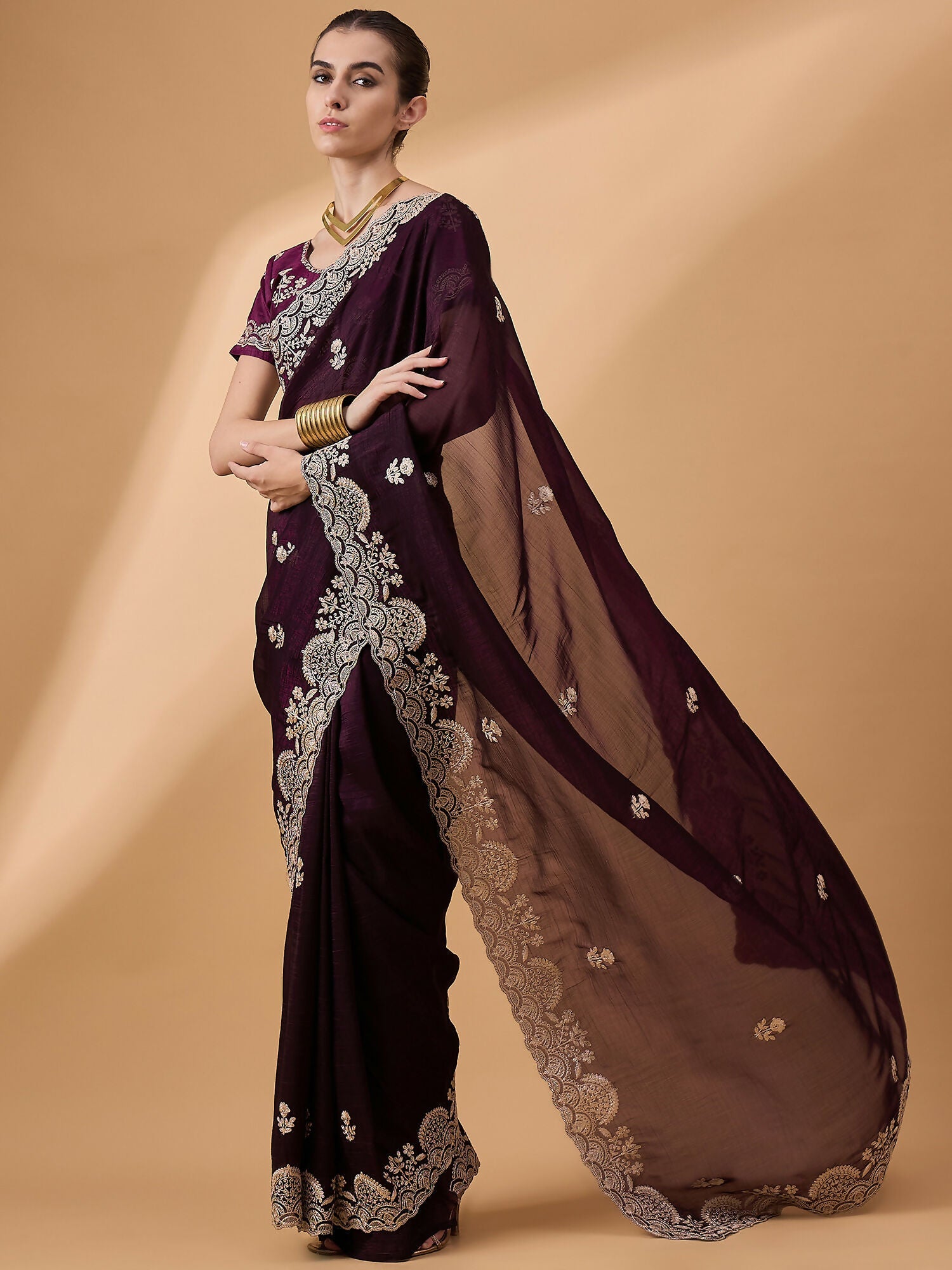 Purple Silk Embroidered Saree with Unstitched Blouse Piece - Satya