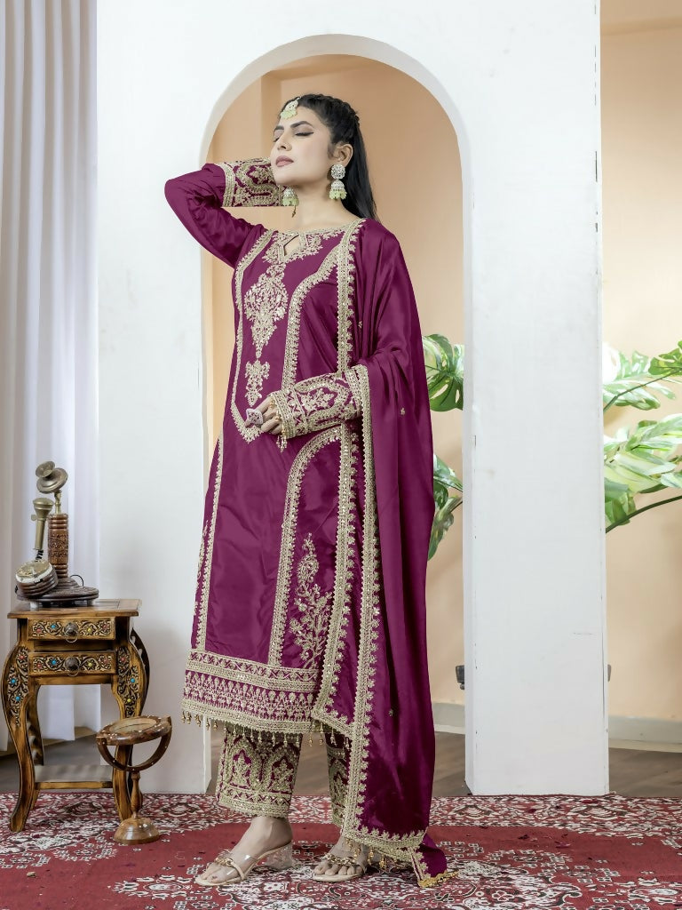 Teeya Creation Wine Color Chinnon Silk Embroidery Work Fully Stitched Salwar Suit - Distacart