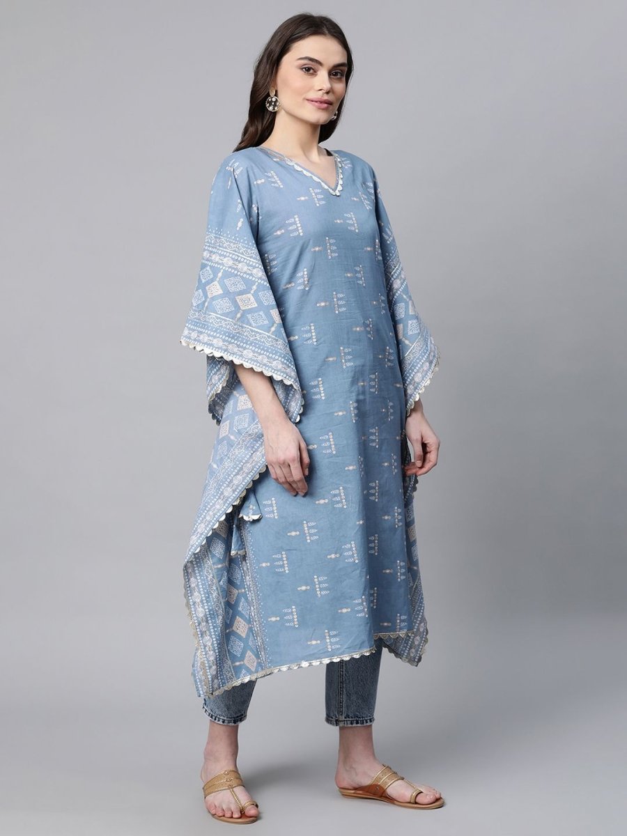Ahalyaa Beige Pure Cotton Floral Printed Kaftan Kurta - Distacart