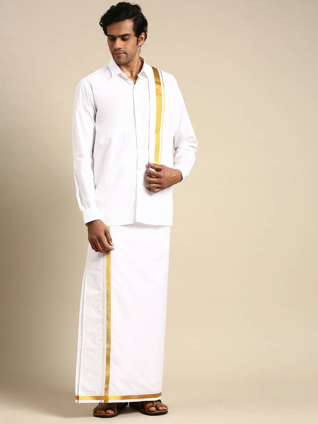 Ramraj Cotton Mens Wedding Set White Regular Dhoti, Shirt & Towel