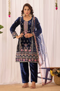 Joban Fashion Blue Kurta Set Velvet Embroidery Sequence Work - Distacart