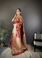 Joban Fashion Maroon Floral & Ethnic Motifs Design Soft Silk Meenakari Banarasi Saree - Distacart