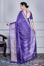 Morchari Dark Blue Script Printed Orzanga Saree Unstitched Blouse - Distacart