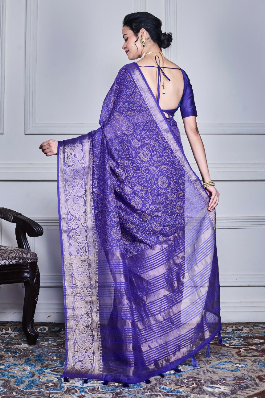 Morchari Dark Blue Script Printed Orzanga Saree Unstitched Blouse - Distacart
