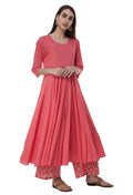 Women's Coral Flared Kurti With Palazzo Enhanced With Gota Work At Cuff Area Of Palazzo - G & A Apparels