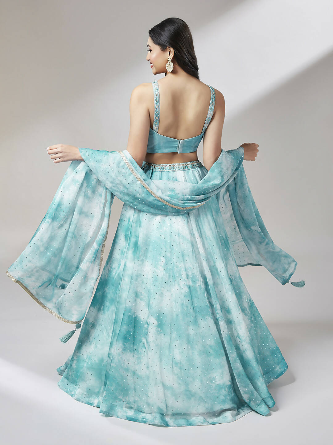 House of Panchhi Turquoise Blue Organza Floral Printed Lehenga choli & Dupatta