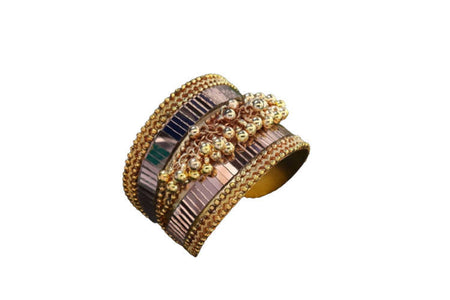 Mominos Fashion Gold-Polished Oxidised Mirror & Ghungroo Cuff openable Bracelet (MF0512)
