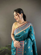 Joban Fashion Teal Blue Woven Zari Motifs Lichi Silk Banarasi Silk Saree - Distacart