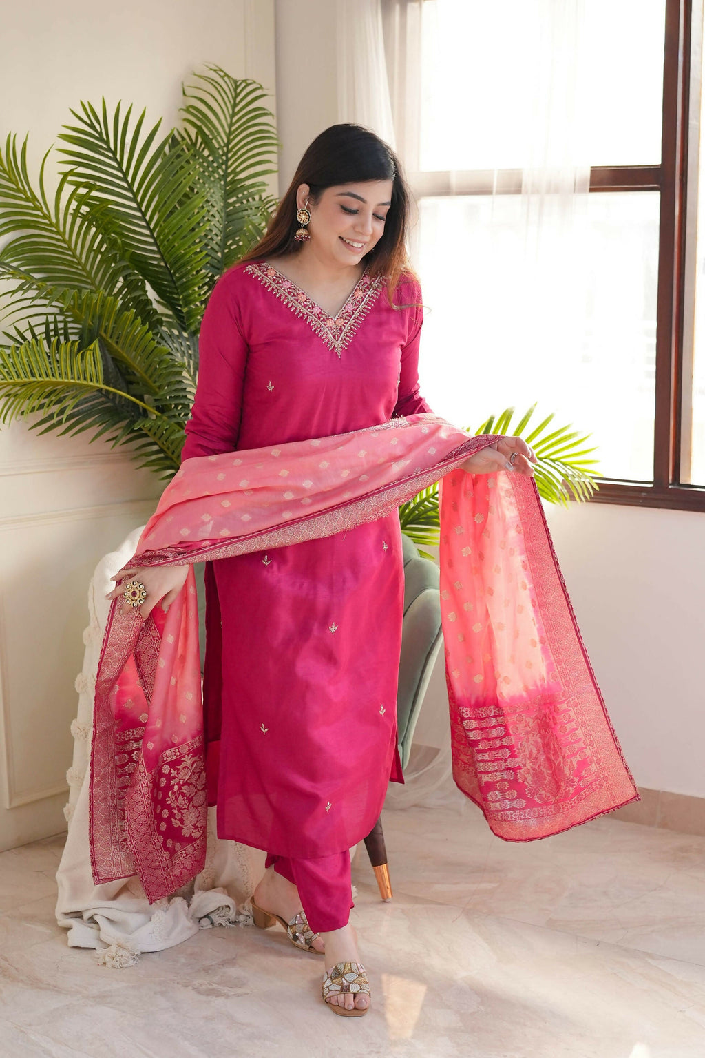 The52 Pink Women's Gorgeous Embroidered Vichitra Fabric Straight Kurta Pant with Dupatta Set - Distacart