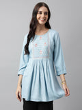 Light Blue Rayon Yoke Embroidered A-line Top - Tarini