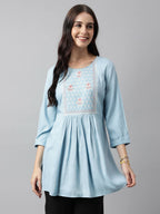 Light Blue Rayon Yoke Embroidered A-line Top - Tarini