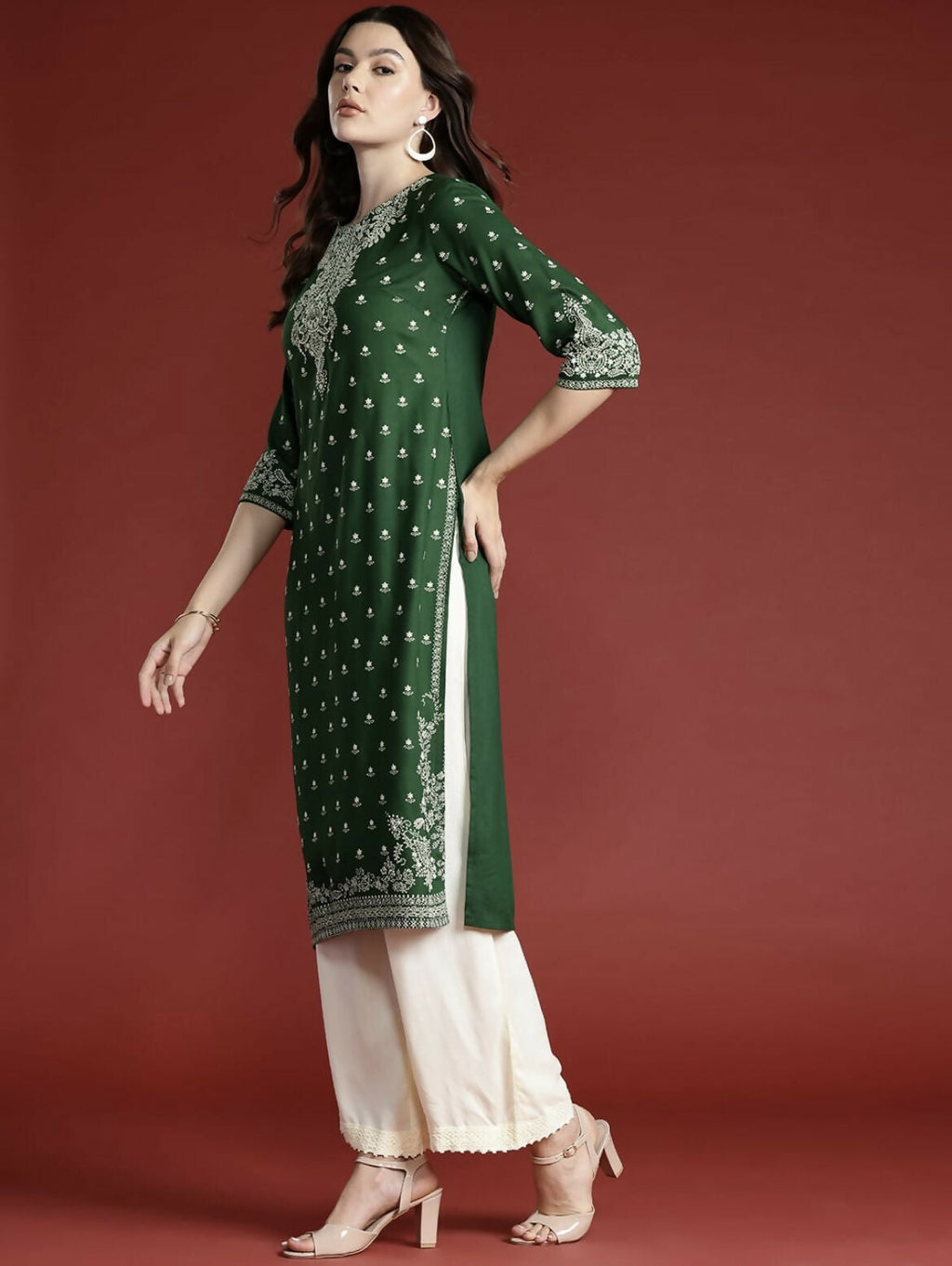 Cheera Women Stylish Hand Block Printed Cotton Blend Flared Kurta - Green