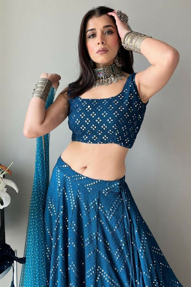 Jyoti Fashion Blue Thread Embroidery Georgette Designer Lehenga Choli with Dupatta