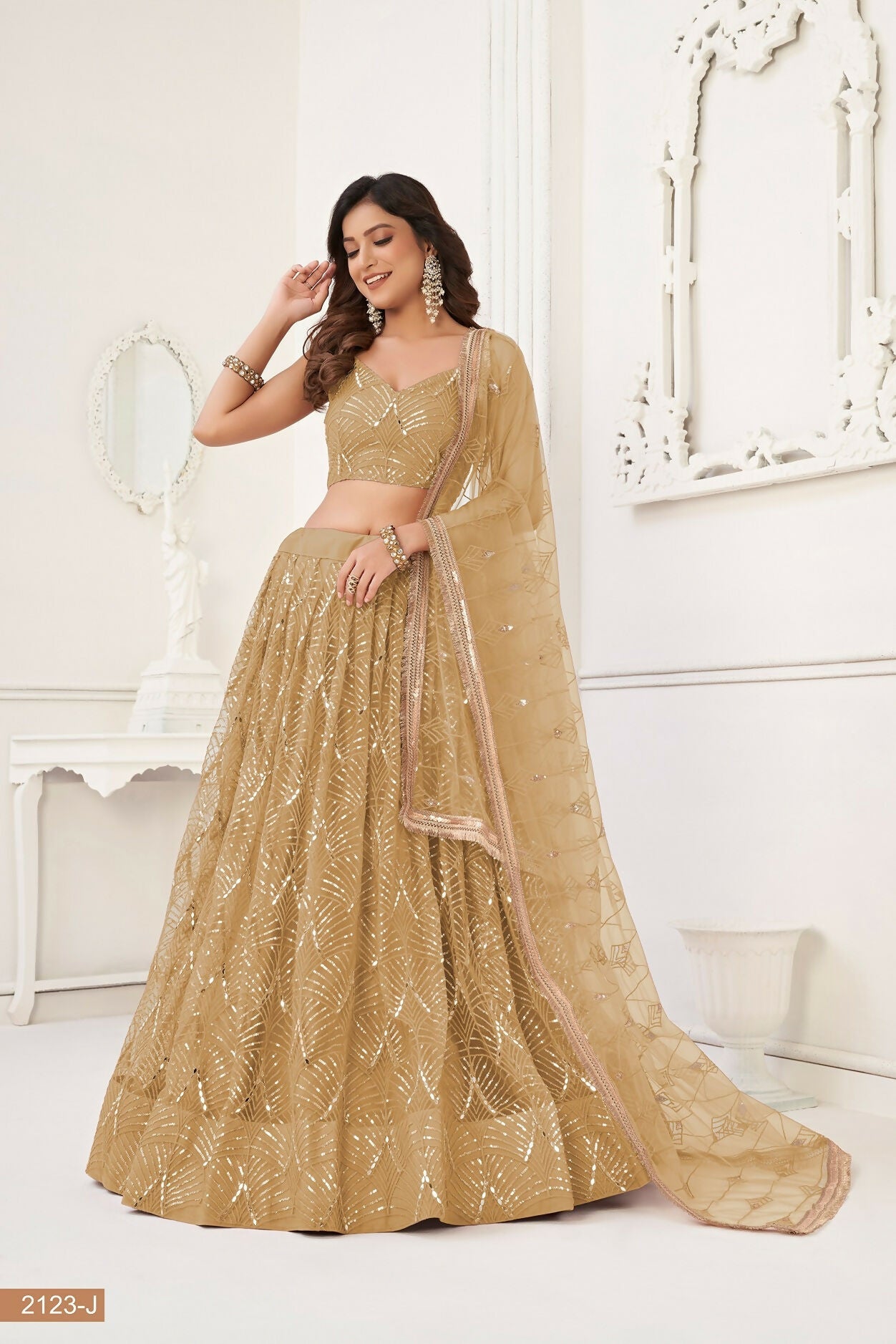 Eilara Beige Sequin Thread Embroidered Net Lehenga Set