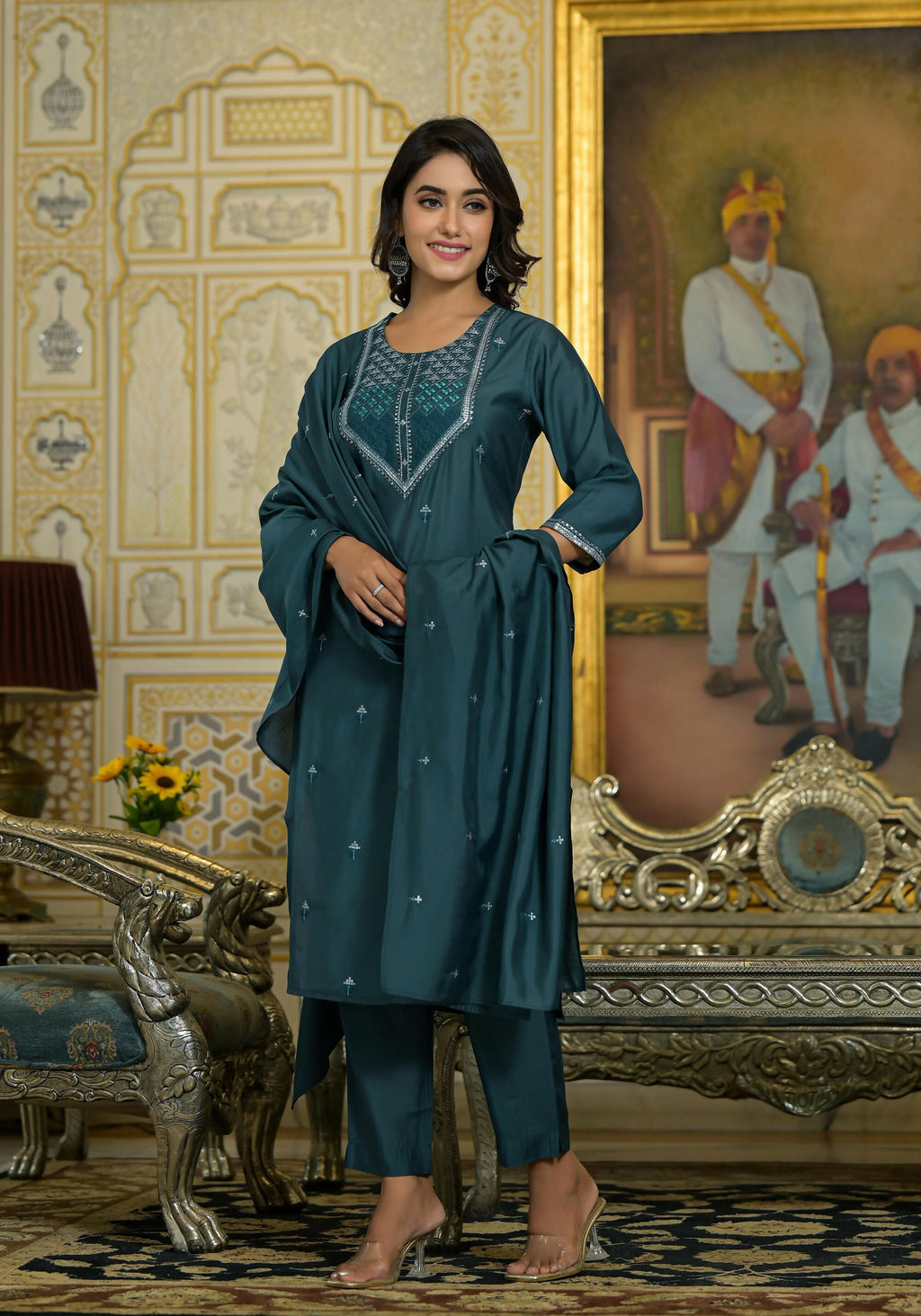 Juniper Women's Rama Green Thread Embroidered Viscose Kurta Pant And Dupatta Set With Sequins Work