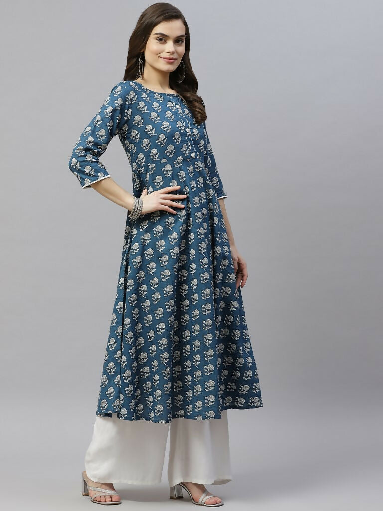 Miravan Women's Cotton Floral Print Anarkali Kurta With Dupatta