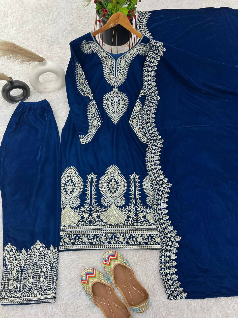 Teeya Creation Blue Color Velvet Designer Embroidery Work party Wear Suit - Distacart