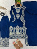 Teeya Creation Blue Color Velvet Designer Embroidery Work party Wear Suit - Distacart
