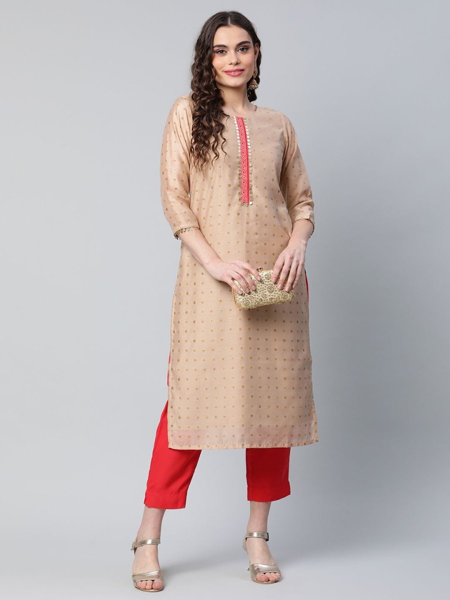 Ahalyaa Women Beige Colour Chanderi Printed Kurta Pant Set - Distacart