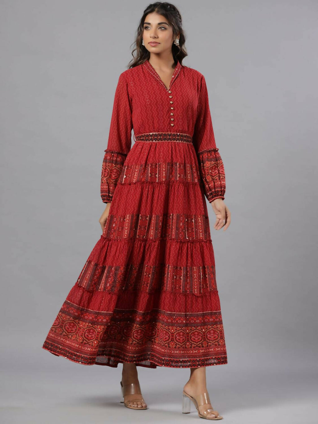 Juniper Women Rust Georgette Printed Tiered Maxi Dress - Distacart