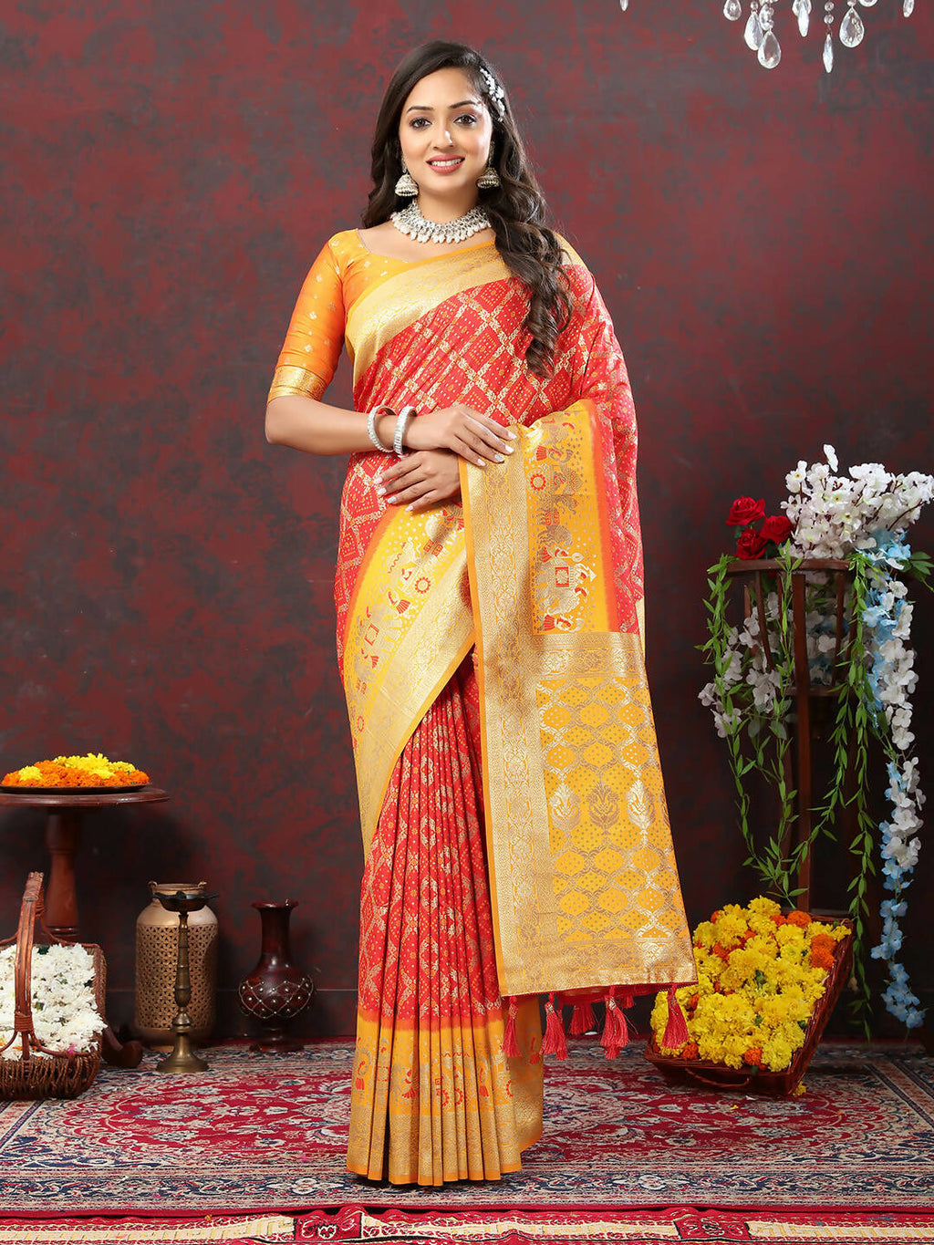 Lorenvalley Fashion Red & Yellow Patola Silk Woven Design Meenakari Weaving Saree