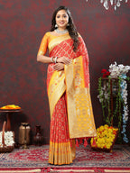 Lorenvalley Fashion Red & Yellow Patola Silk Woven Design Meenakari Weaving Saree