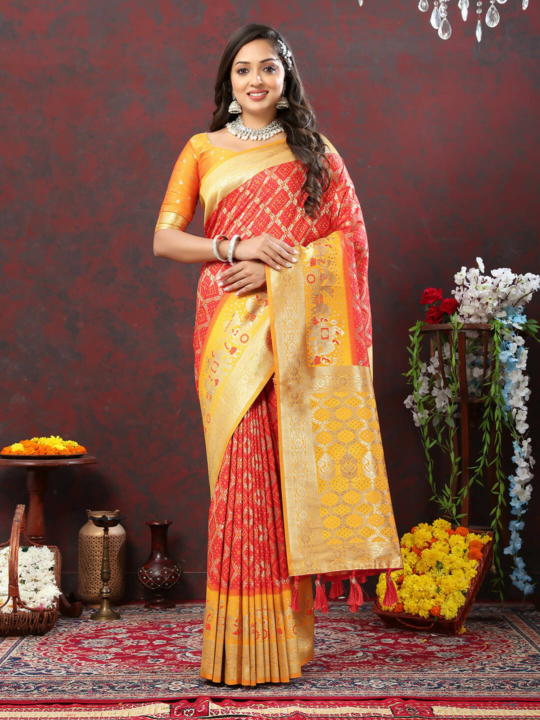Lorenvalley Fashion Red & Yellow Patola Silk Woven Design Meenakari Weaving Saree