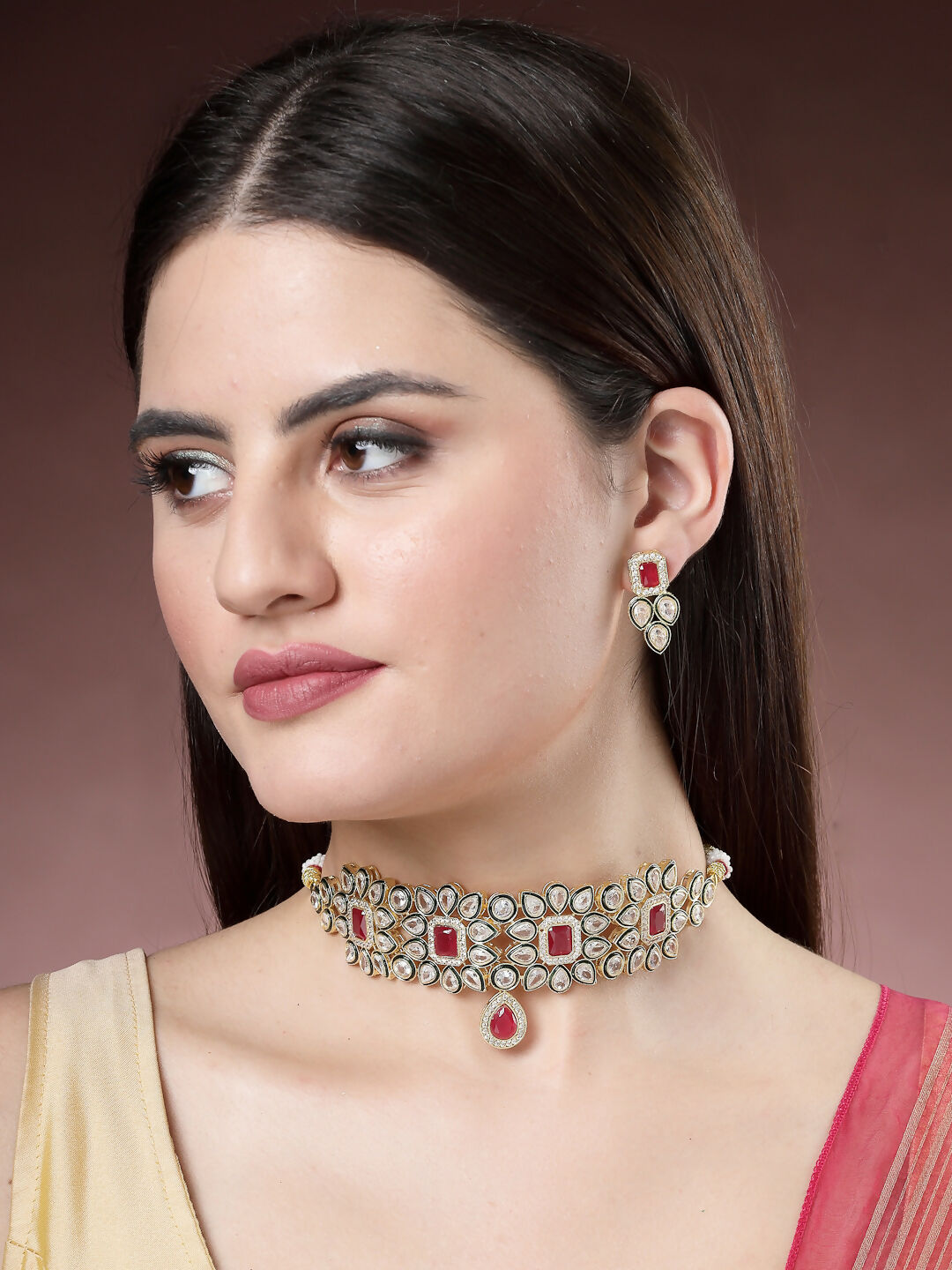 NVR Women's Red & Gold Kundan Studded Handcrafted Choker Jewellery Set