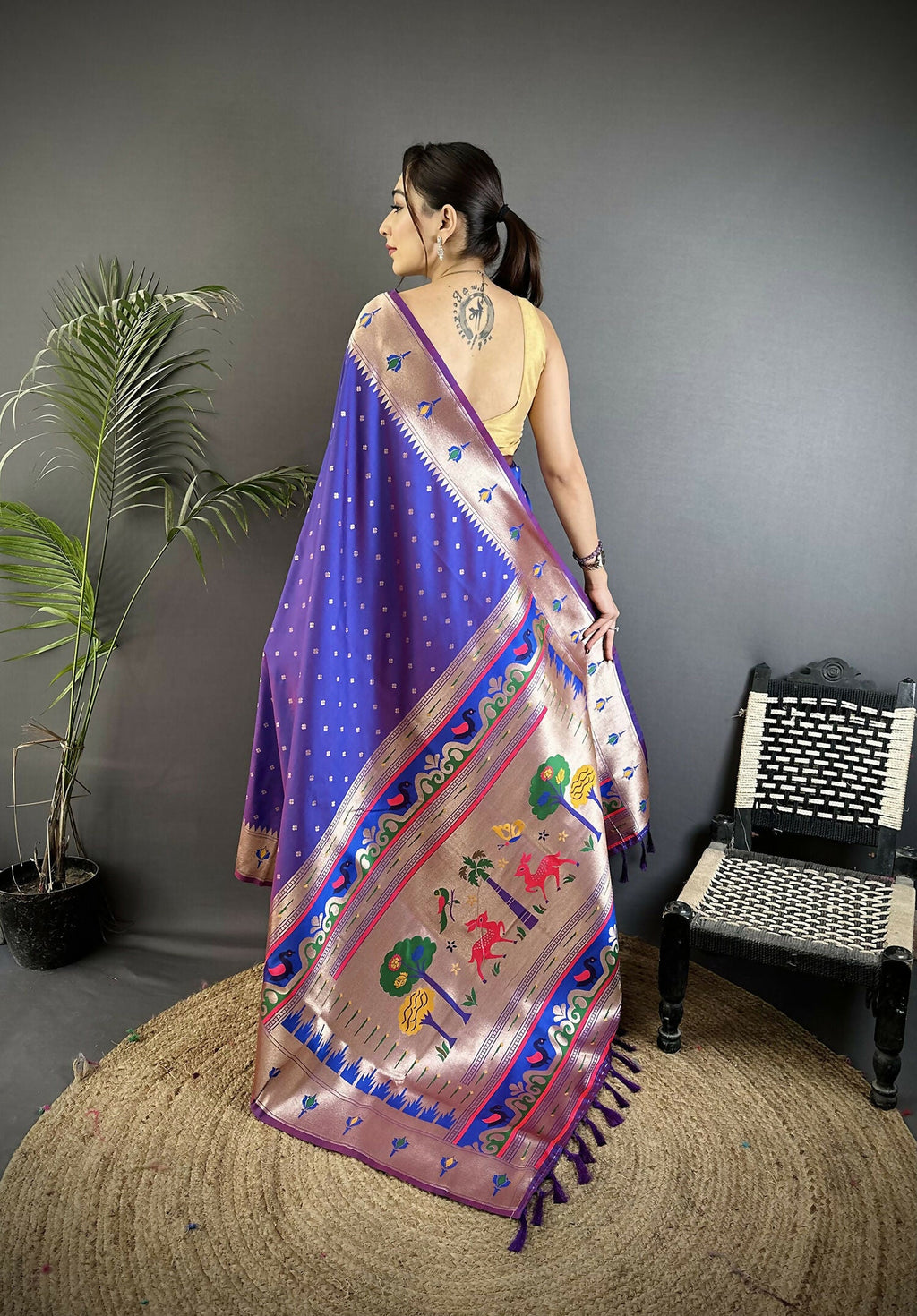 Joban Fashion Purple Peacock & Floral Motifs Soft Lichi Silk Kanchipuram Saree - Distacart