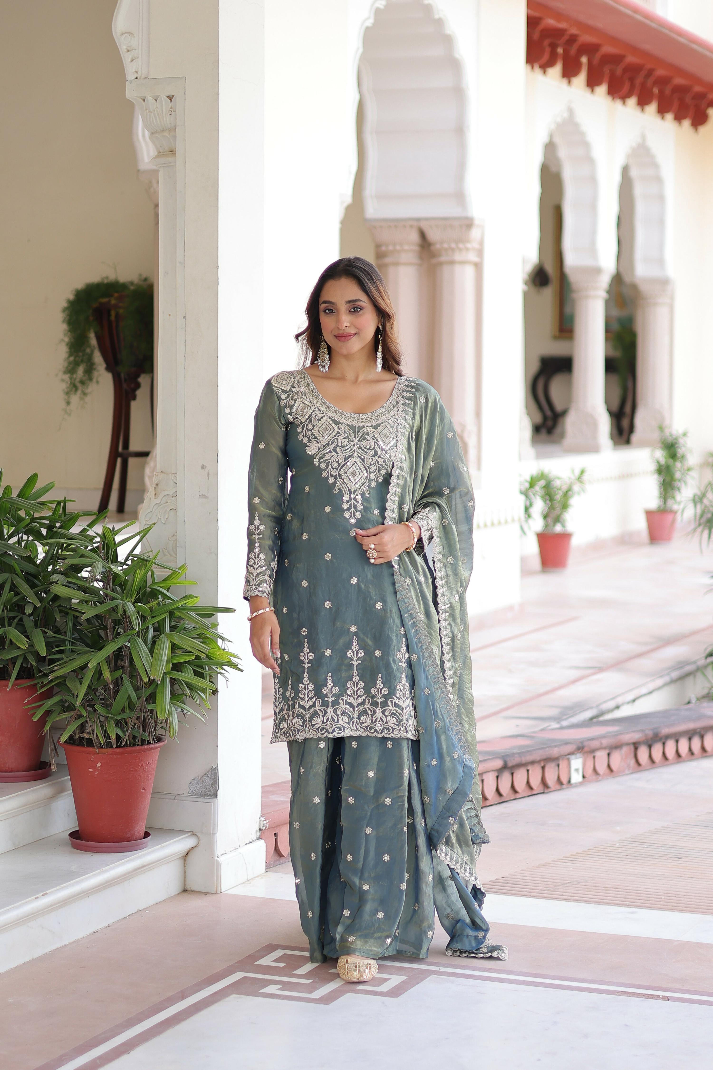 Joban Fashion Grey Readymade Kurta Set With Sequence embroidery Work - Distacart