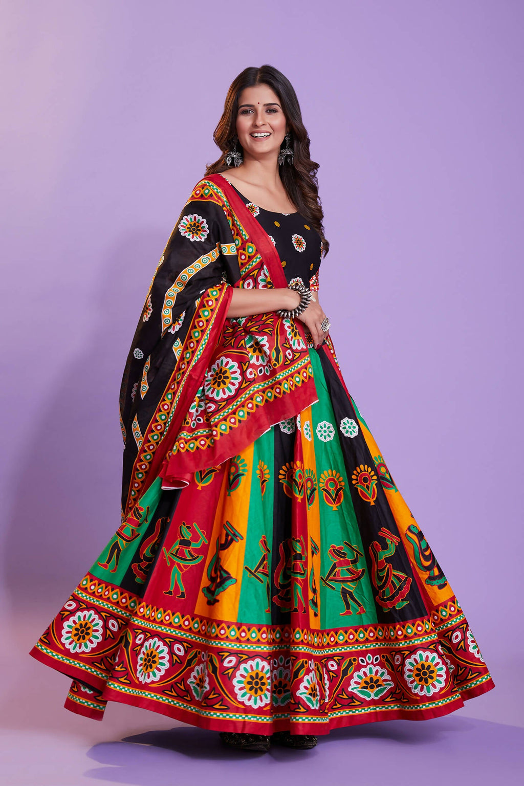 Multi Color Pure Cotton Hand Block Print Navratri Lehenga Choli with Dupatta - Raas