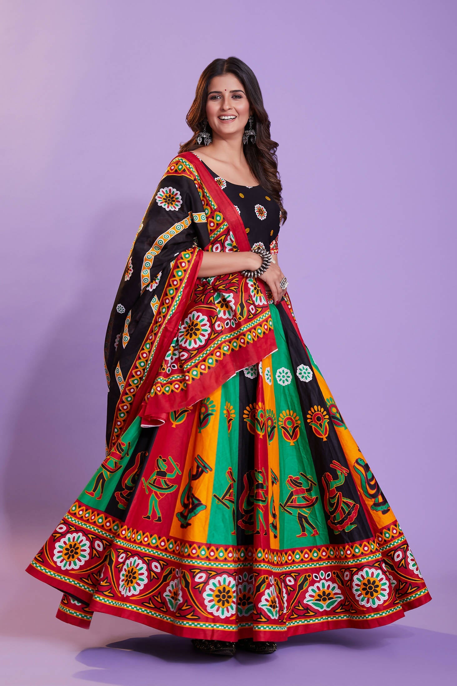 Multi Color Pure Cotton Hand Block Print Navratri Lehenga Choli with Dupatta - Raas