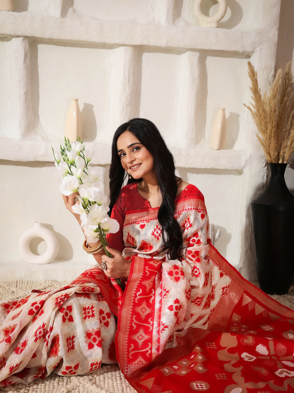 Shree Shyam Fashion Linen Cotton Red & White Saree - Distacart