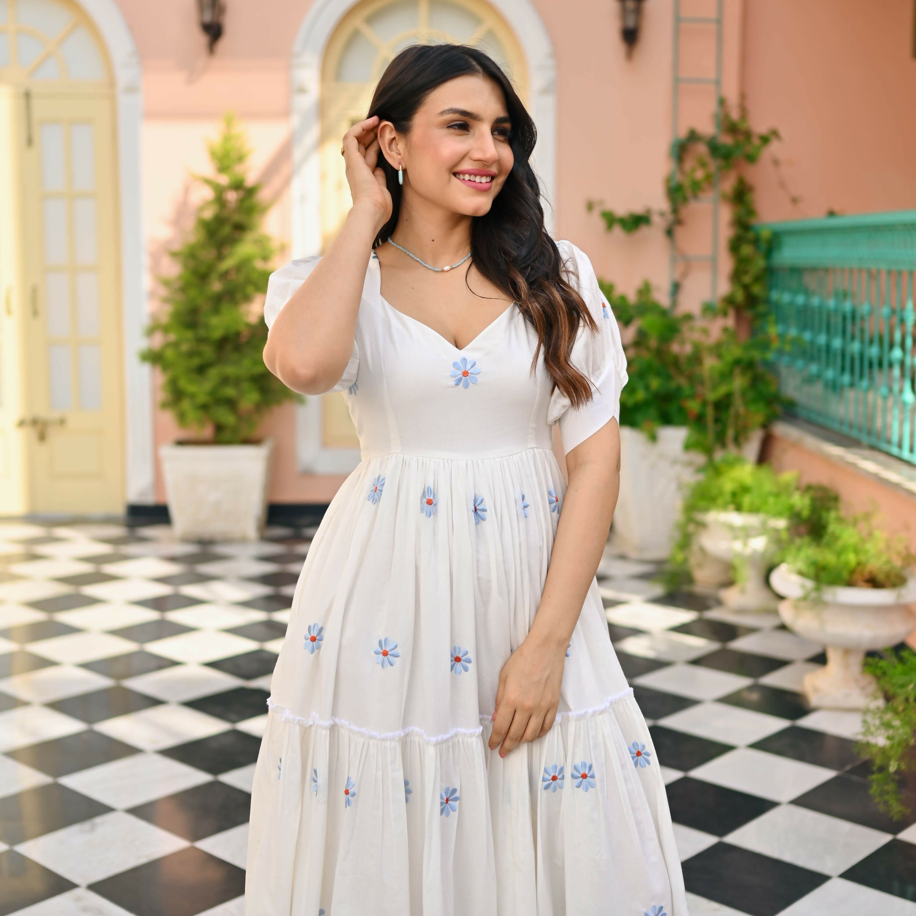 The52 Women's Gorgeous Thread work Cotton Rayon Fabric Flared Dress