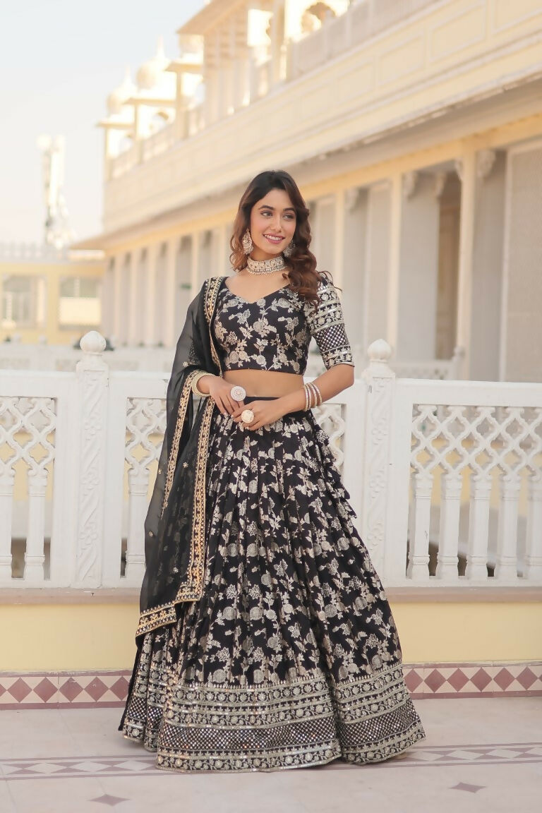 Vastranavya Designer Dyeable Pure Viscose Jacquard Fabric Lehenga Choli & Dupatta Set - Black