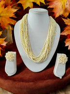 Inhanns Vibrant Handmade 20 Layers Beaded Necklace With Matching Earrings - Cream