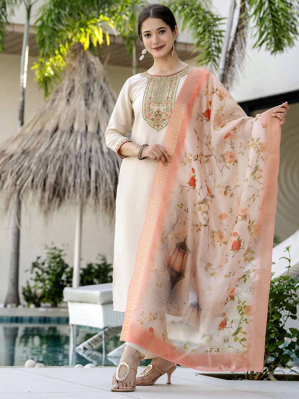 The52 Women's Beautiful Rayon Fabric Embroidery Work Straight Kurta Pant and Dupatta Set - Distacart