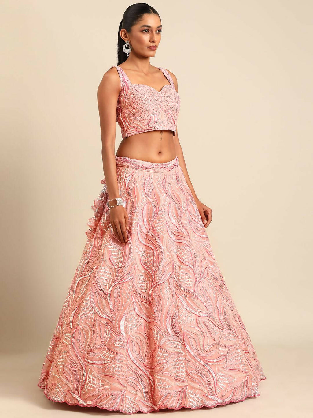 House of Panchhi Coral Pink Net Sequins and Zarkan embroidery Lehenga choli & Dupatta