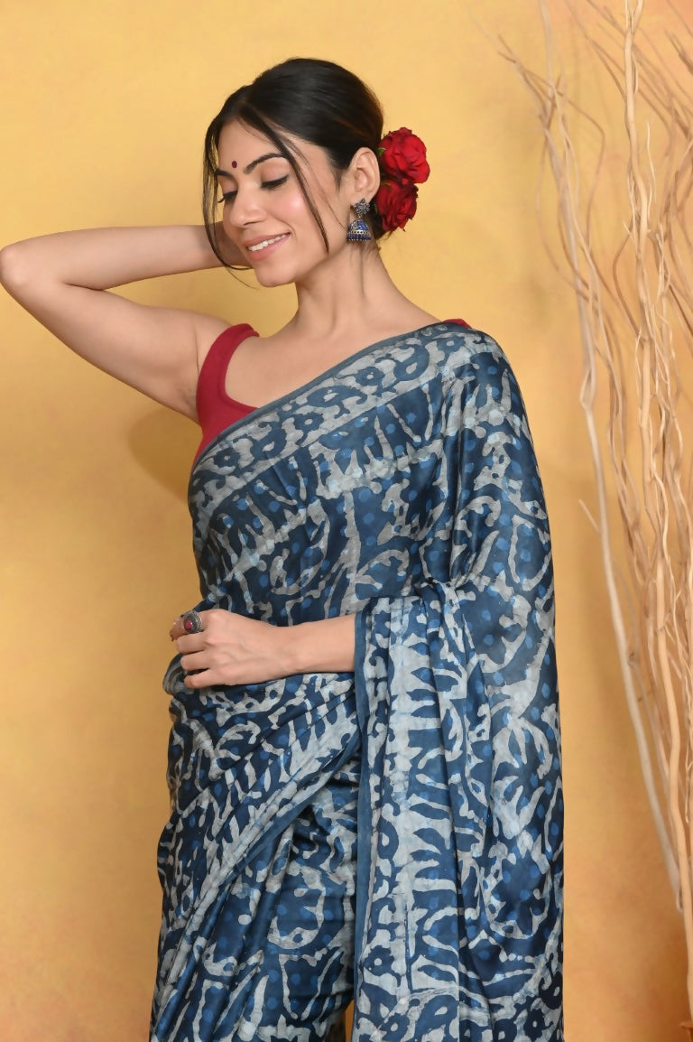 Very Much Indian Modal Silk Ajrakh Handblock Printed Natural Dyes Sleek Border Saree - Powder Blue