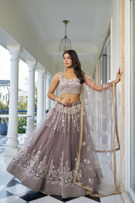 Aastha Fashion Light Dusty Brown Butterfly Net White Cotton Thread Work And Sequence Work Embroidery Wedding Wear Lehenga Choli