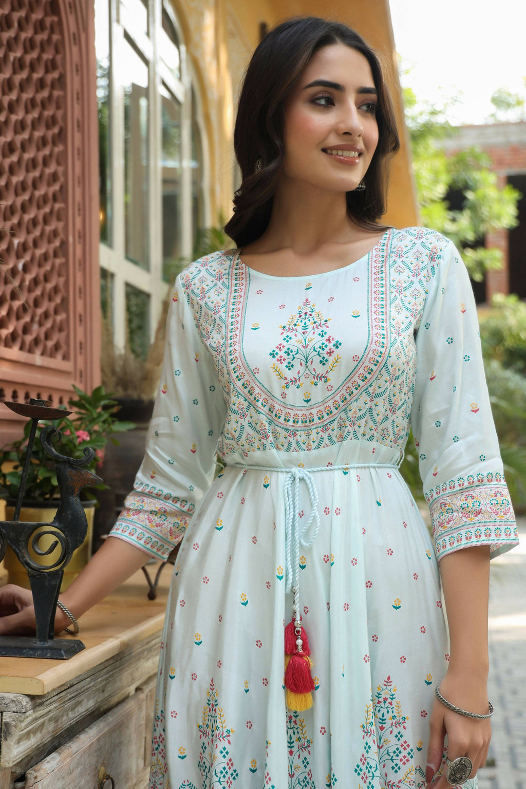 Juniper Women's Skyblue Viscose Shantoon Festive Printed Flared Dress - Distacart