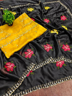 Teeya Creation Black Rangoli Silk Embroidery Work Party Wear Designer Saree - Distacart