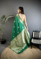Joban Fashion Green Floral Jacquard Woven Design Cotton Silk Banarasi Silk Saree - Distacart