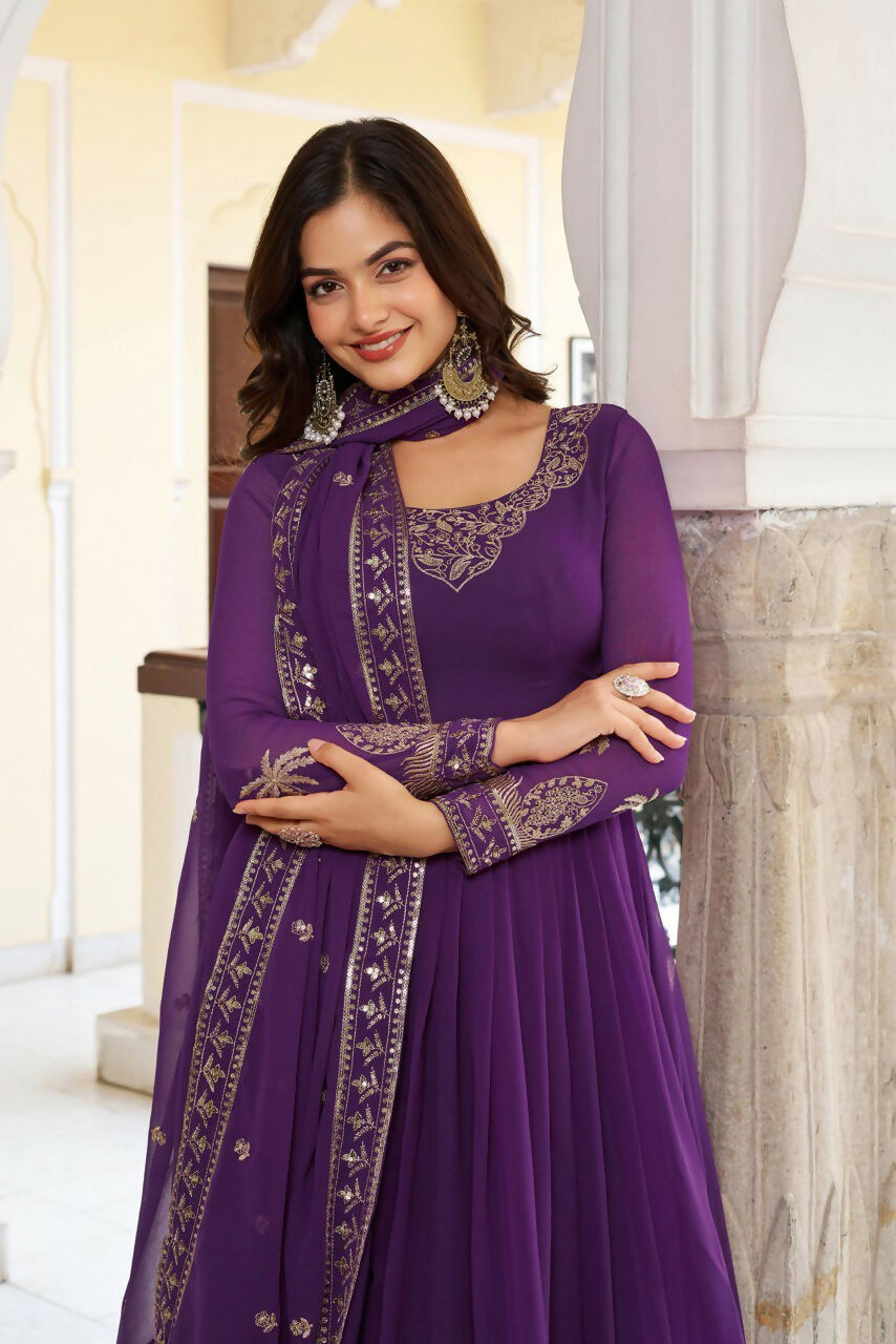 The52 Women's Gorgeous Faux Georgette Fabric Embroidery Work Flared Anarkali Pant and Dupatta Set - Distacart