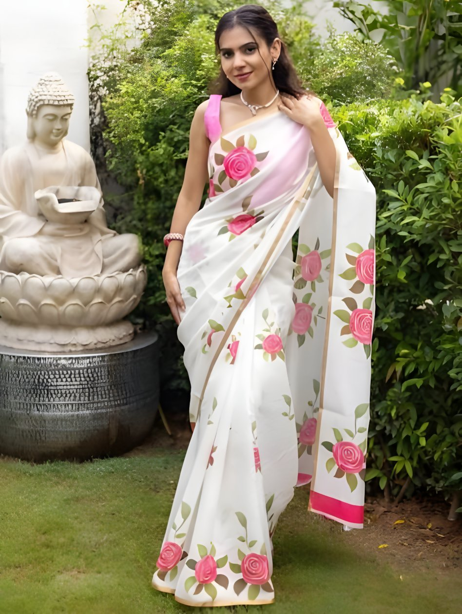 Prime Volt Women's White & Pink Floral Digital Print Soft Linen Saree With Gold Zari Border & Blouse - Distacart