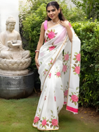 Prime Volt Women's White & Pink Floral Digital Print Soft Linen Saree With Gold Zari Border & Blouse - Distacart
