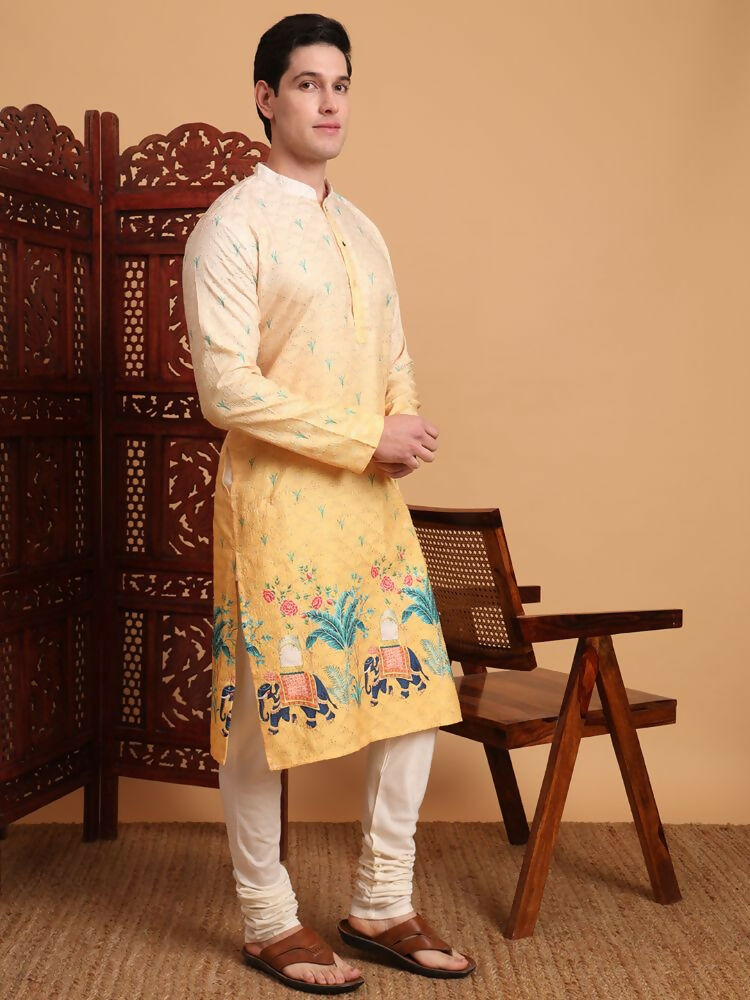 Yellow Cotton Printed Chikankari Embroidery Work Kurta - Mahotsav