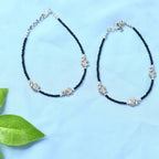 Mominos Fashion Kamal Johar Oxidised Elephant Design Silver/Black Anklets