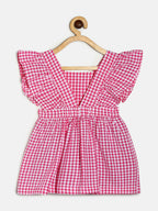 Manet Girls Cotton V Neck Frill Frock Checked Printed - Pink