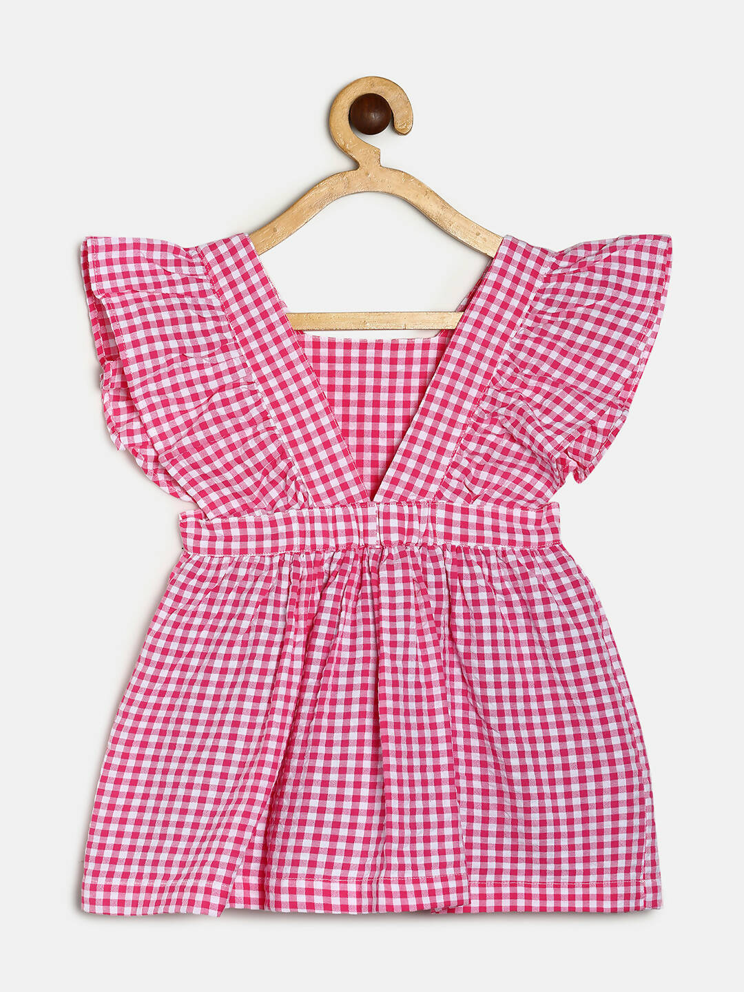 Manet Girls Cotton V Neck Frill Frock Checked Printed - Pink